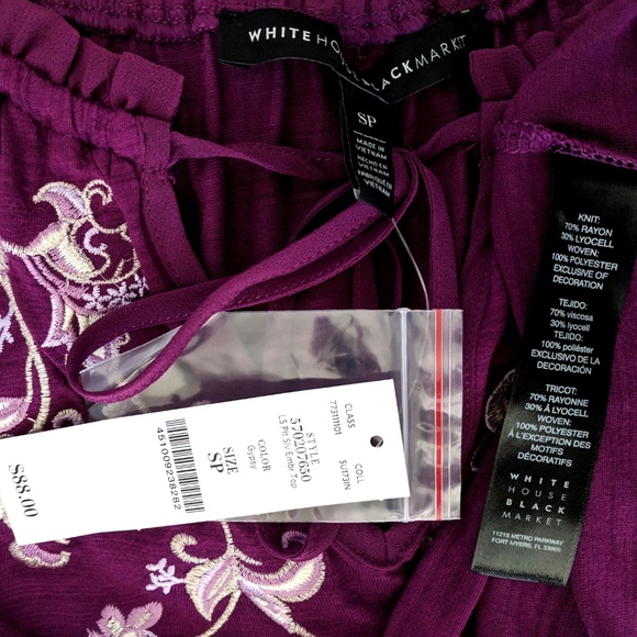 NWT WHBM Pleated Embroidered Top - Picture 6 of 6